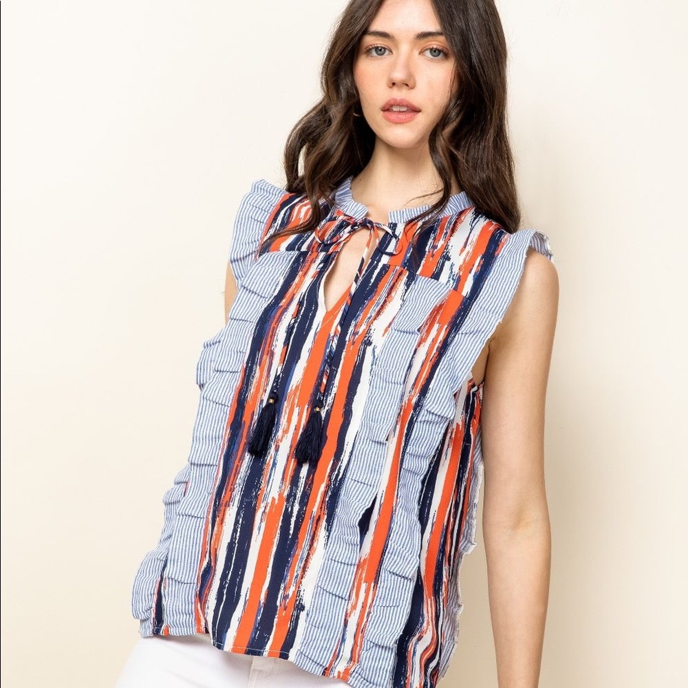 THML Beverly V-Neck Striped Ruffle Blouse